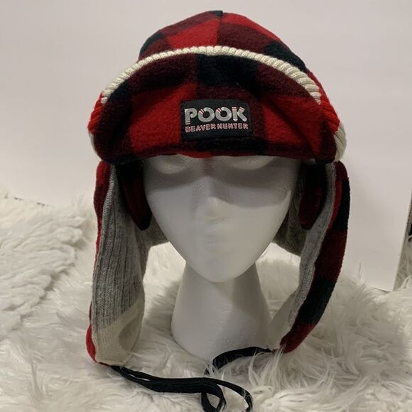 POOK Red Plaid Reversible Polar Fleece Bomber Style Trapper Hat unisex - Picture 10 of 10